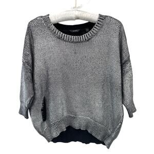 GUESS Silver Metallic Distressed Sweater Top Chunky Knit Oversized | Small